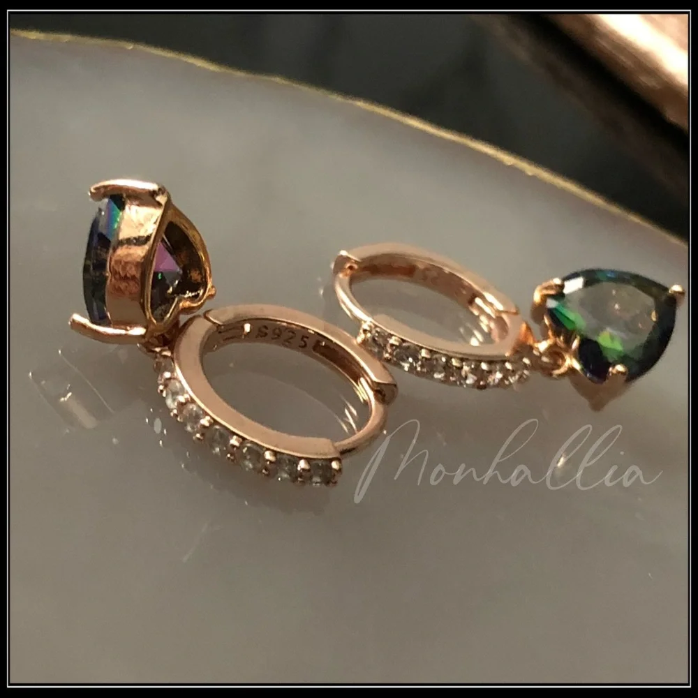 NEW 925 ROSE GOLD SIMULATED MYSTIC TOPAZ DIAMOND HEART HUGGIE EARRINGS - Picture 3 of 6